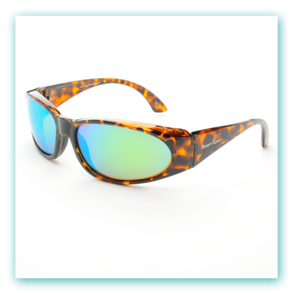 Go Fish Glass Shiny Tortoise Frame with Green Mirror Glass Lenses